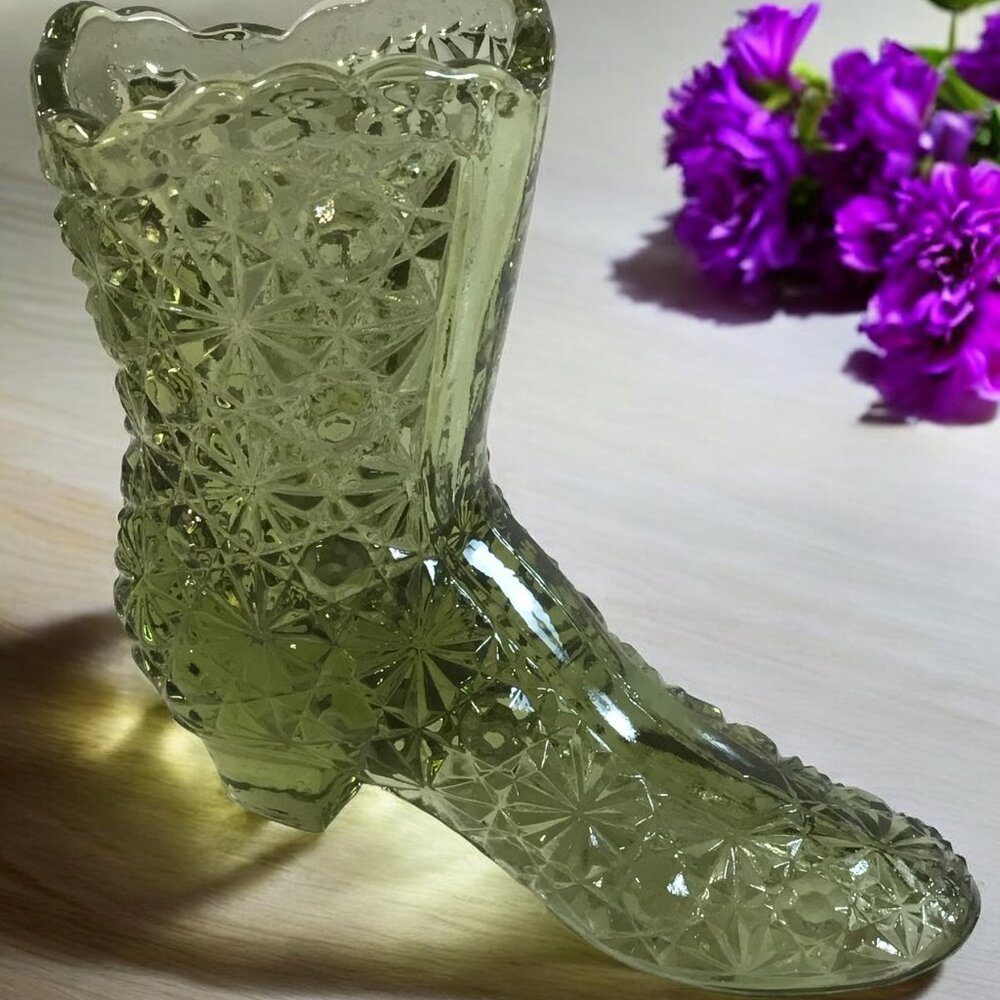Vintage Fenton Olive Green Daisy Cut Glass Miniature Shoe / Boot